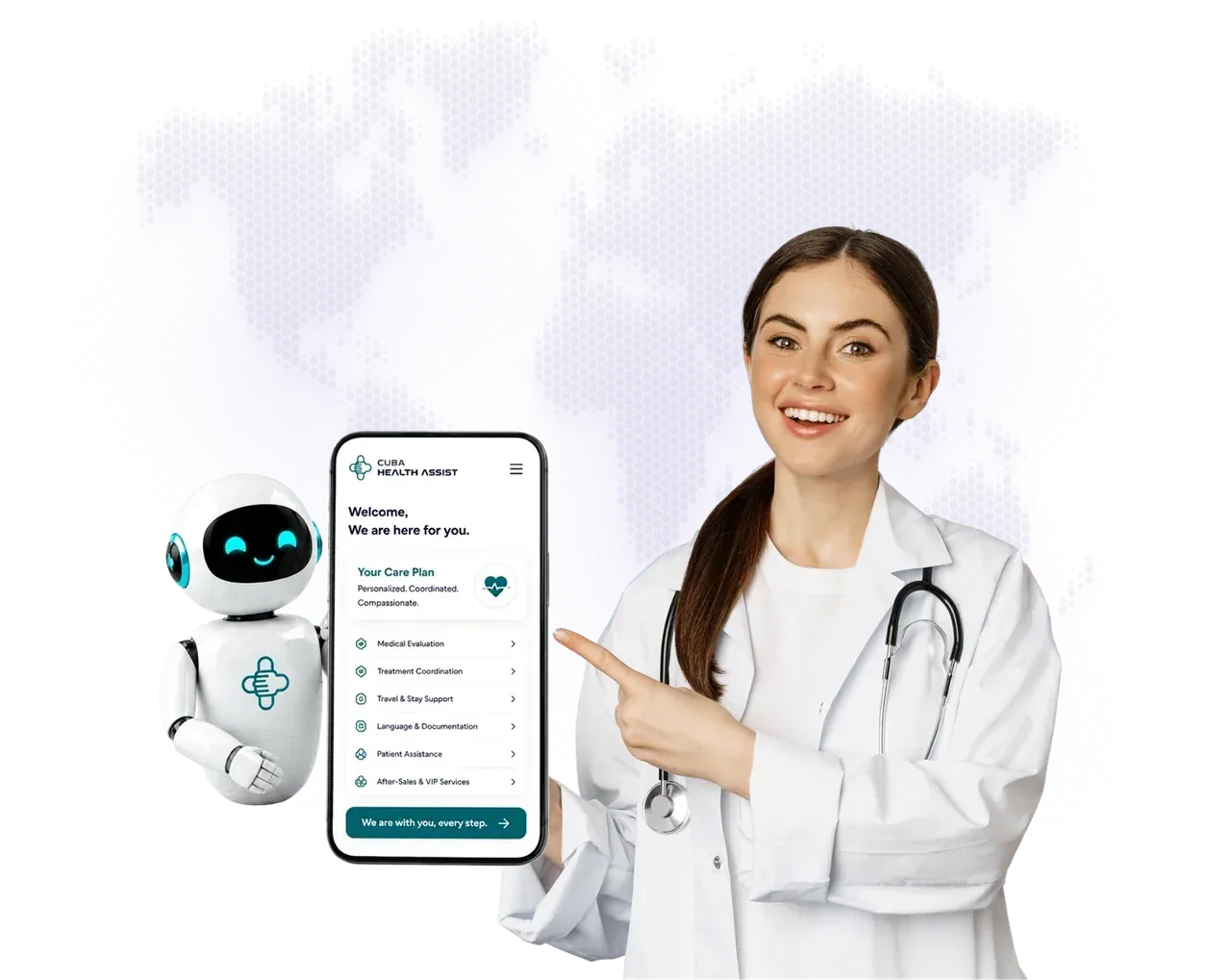 Cuba Health Assist — asistente amigable mostrando la app del plan de atención junto a un médico profesional sobre un mapa mundial