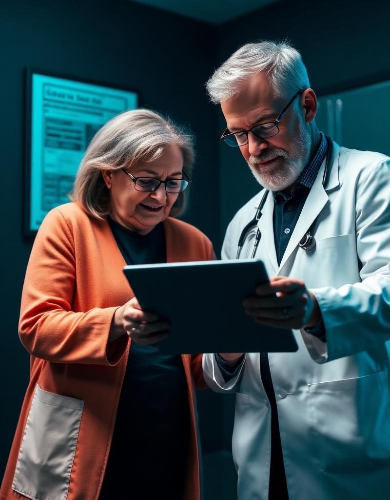 Médico revisando expedientes seguros con el paciente en una tableta
